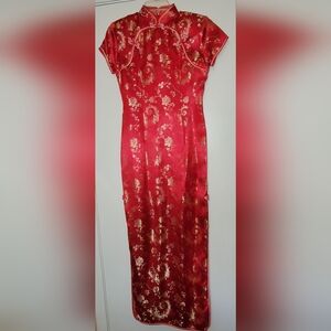 Red Satin Floral Brocade Slip Dress with Gold Accents